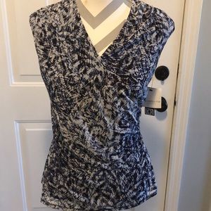 Liz Claiborne Blue black gray print Wrap Gathered Sleeveless Top/ blouse